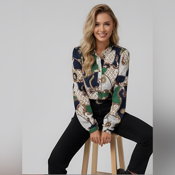 Chain Print Button Down Blouse - Picture 2 of 7